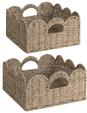 StorageWorks Scalloped Wicker Basket, Hand-woven Rattan Baskets with Built-in Handles, Seagrass Basket for Organizing and Decor, 2 Pack