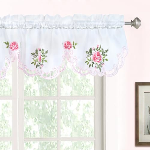Molaxhome Beautiful Dazzling Embroidered Window Valance,Rod Pocket Valance and Tiers for Home Decor (Pink, W58x14L)