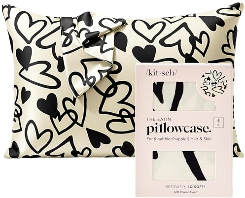 Kitsch Satin Pillowcase for Hair and Skin Queen Size, Softer Than Mulberry Silk Pillow Cases, 19x26 Cooling Pillow Covers with Zipper, Soft Smooth Comfortable Pillow Case, Gifts for Women, Heart 1 Pc
