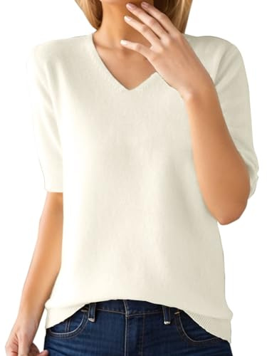 Jersey para mujer, manga corta, imitación de cachemira, elegante, para primavera, verano, sudadera, suave, cuello en V, punto básico, blusa de punto de color sólido, suéter de ocio