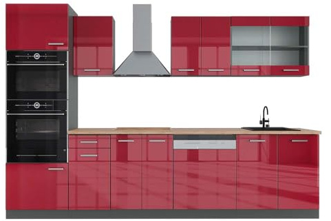 Vicco Küchenzeile R-Line, Rot Hochglanz, 300 cm mit Hochschrank, AP Eiche, zur individuellen Kombination und Erweiterung geeignet
