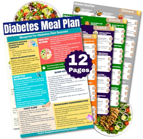 5 st diabetes måltidsplan och näringsguide. Lista över måltider för blodsockerkontroll och diabeteshantering. Inkluderar pedagogisk diabetes affisch. Räknar kalorier, kolhydrater och fibrer. Laminerad