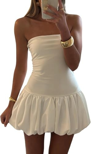 YongXinMY Mini abito da donna senza spalline con gonna a bolle d'aria abito corto con spalle scoperte corsetto top palloncino vestito club party, bianco, S