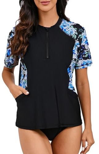 Halcurt UV Shirt Damen mit BH und Tasche 1/4 Zip Rash Guard Kurzarm UPF 50+ Sonnenschutz Badeshirt Schnell Trocknender Schwimmshirt Tankini M