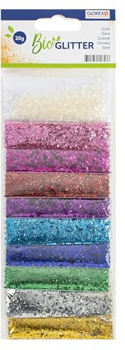 Glorex 6 2820 452 – organiskt glitter grovt, totalt 20 g glitter i 10 färger, tillverkat av cellulosa, för att dekorera gratulationskort, pysselsaker och mycket mer.