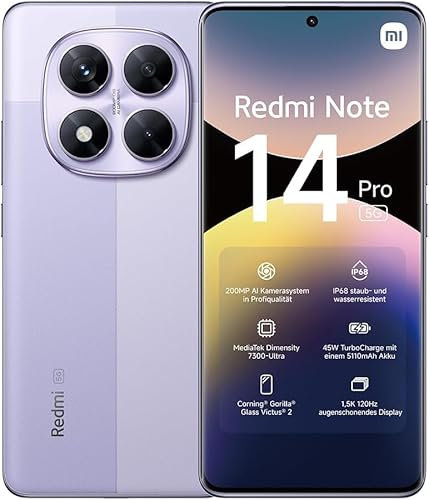 xiaomi Smartphone Redmi Note 14 Pro 5G, 12+512GB, viola lavanda, fotocamera AI professionale da 200 MP, IP68, ricarica turbo da 45 W con batteria da 5110 mAh, funzioni AI (non caricabatterie incluso