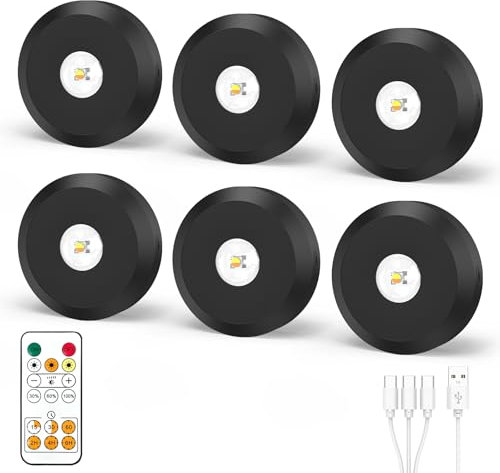 JVURICE Spot Sans Fil Puck Light Petits Spots Lumineux Lampe Lumic Reglette Led Sans Fil 180H 3000k/4500k/6000k Dimmable Rechargeable Minuterie Telecommande Rond Lumiere Pour Cuisine,Armoire,Vitrine