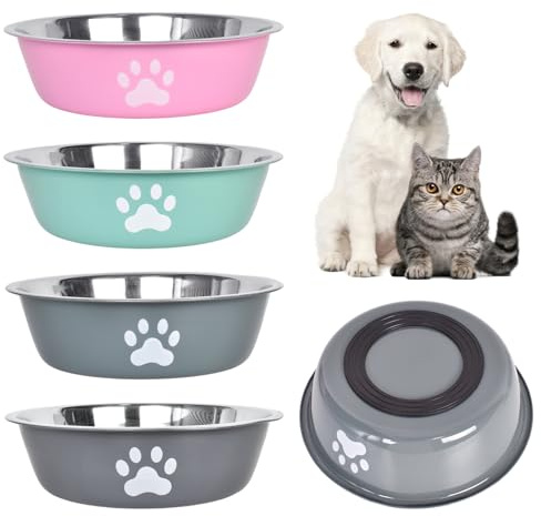 Ciotola per Cani in Acciaio Inox, 4 Pezzi 860 ml Ciotolas per Canis con Fondo in Silicone Antiscivolo, Ciotola Cane per Animali Domestici Antiruggine per Cani di Taglia Media e Piccola