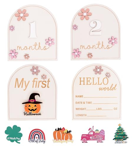 Monthly Baby Milestone, Wooden Floral Monthly Milestone, Baby Announcement Sign, Hello World Newborn Signs Cards, Newborn Photography Props, Document Your Baby's Growth