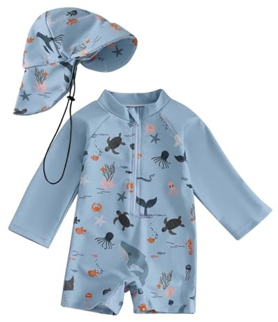 Costume da Bagno per Neonato, Anti-UV, Tuta da Nuoto a Maniche Lunghe e Cappello Bagno Set UPF 5+ Protettivo in Neoprene Solare Muta Surf Swimsuit Spiaggia Mare Piscina, Spiaggia, Immersioni