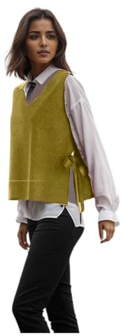 Pull Classique à col en V pour Femme - Pull en Tricot sans Manches - Gilet décontracté Ample Couleur Unie - Fentes et Lacets sur Les côtés - Pullover Chaud pour Le Printemps et l'automne