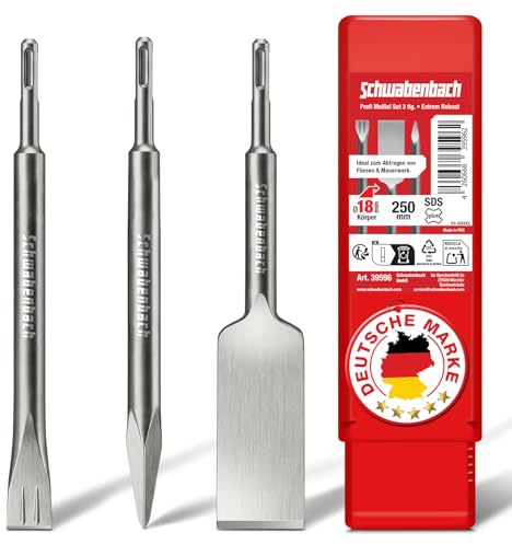 SCHWABENBACH® SDS Plus - Juego de cinceles para azulejos (3 piezas, 250 mm, cabeza extralarga, punta plana de 25 mm, cincel SDS para martillo perforador)