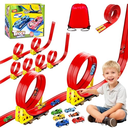 Pista de Coches Flexible 5M, Pista de Carreras Enrollable con 6 Coches, Circuito Coches Juguete, Pista de Coches para Niños, Flexible Car Track con 4 Ventosas Regalo para 3 4 5 6 Años (Rojo)