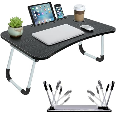 LKH Foldable Laptop Table with Tablet Holding Slot - 60×40×28 cm Portable Bed Tray with Drink Holder, for Bed, Sofa & Desk - Lightweight Folding Bed Desk with Anti Slip Legs