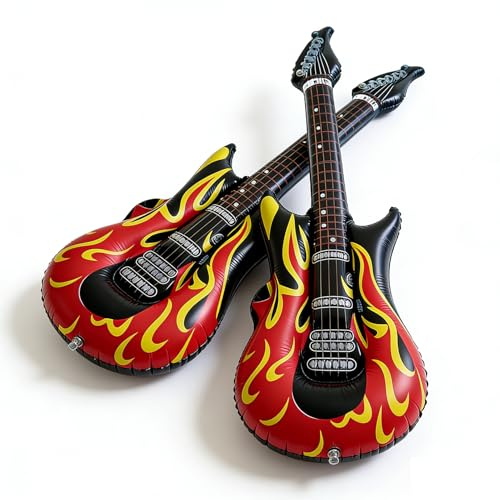 2 Pcs Inflatable Guitar,Inflatables Blow Up Guitars Flame Design Rockstar Musical Instruments Fancy Dress Punk Rocker Party Accessories,for Halloween Costume Props Adults Rock Music Theme Decorations