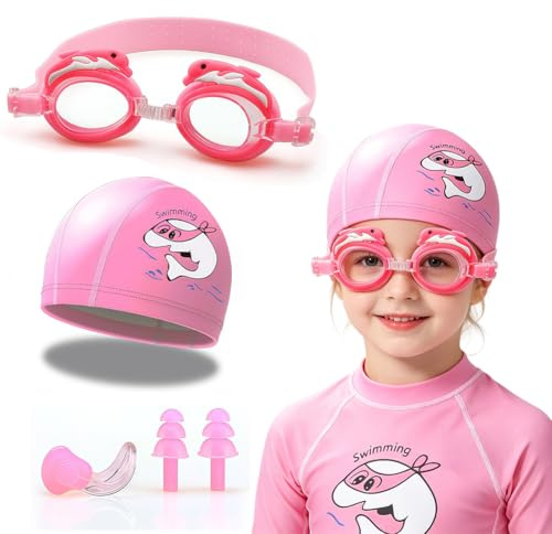 Kids Swimming Cap Set, Dolphin Swim Goggles Swim Caps Waterproof Swim Cap Set Silicone Swim Hat with Swimming Goggles Nose Clip and Ear Plug Summer Water Supplies for Boys and Girls