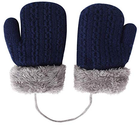 Baby Toddler Cute Winter Thicken Knitted Magic Mittens Gloves with Fleece Lining Insulated Snow Cold Weather Fluffy Mittens with Anti-Lost String for Girls Boys Age 1-4Years Xmas Gift