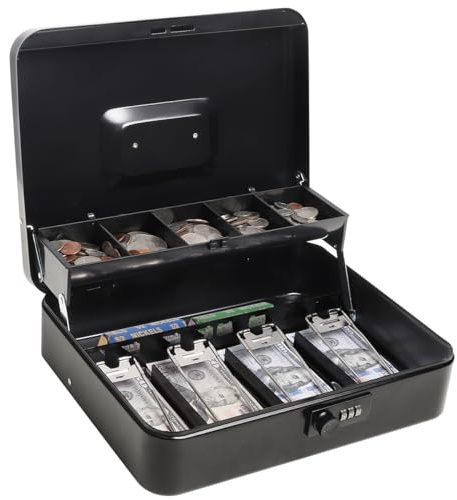 Cash Box with Money Tray and Combination Lock, Lock-Durable Metal Cash Box with Money Tray, 5 Compartments for Cions & 4 Spring-Loaded Clips for Bills, 11 4/5 x 9 2/5 x 3 1/2, Black
