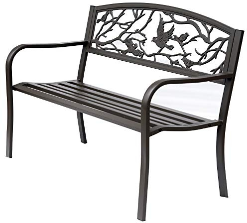 Outsunny Panchina da giardino Impermeabile Acciaio e Ghisa per Esterni, Schienale con Decorazioni Motivo Naturale, 127x60cm, Marrone
