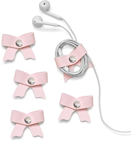 SenseAGE 5 Pack Cord Organizer, Bow Cord Keeper, Cable Organizer USB Holder, Leather Cable Management, Cable Straps, Earphone Winder, Storage Straps for Electronics, Earbuds, Small, Pink
