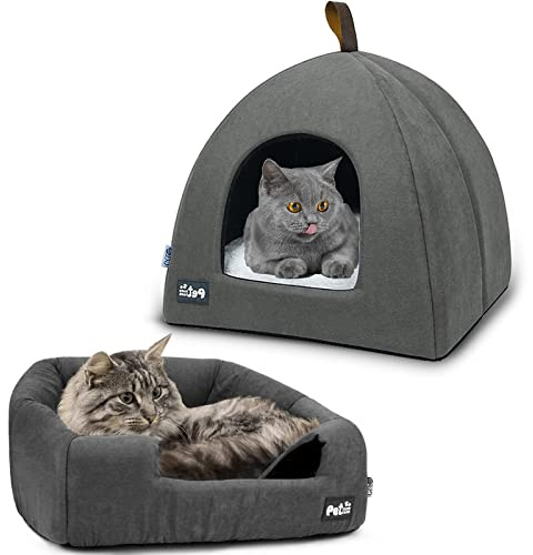 Cueva Suave Gato, Casa para Gatos Interior, Cama Suave para Gatito y Perro Pequeño, Cama para Mascotas, con Cojín Extraíble, Utilizado para Gatos, Perros, Animales(33 x 33 x 32cm, Gris)