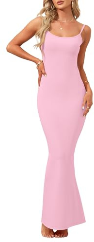 AUSELILY Womens Slip Maxi Dress Sexy Bodycon Dresses Sleeveless Square Neck Long Dress, Light Pink S