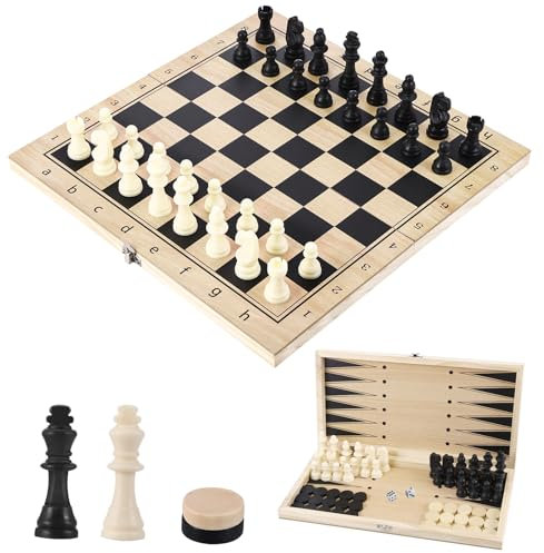 Schachspiel, 3 in 1 Schachbrett Holz Klappbare Hochwertig Schach Dame Backgammon, Tragbares Schachset für Kinder und Erwachsene Familie Party Reisen (29x29cm)