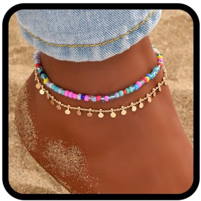 Zoestar Boho-Fußkettchen, doppellagig, Gold-Pailletten, Fußkettchen, Strand-Perlen-Fußkette für Damen