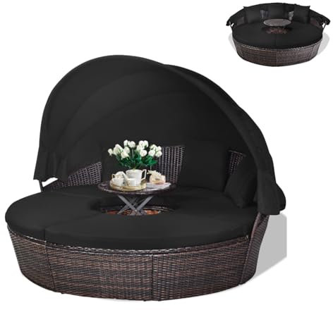 GYMAX Polyrattan Sonneninsel mit faltbarem Dach, Gartenlounge mit Kissen & Couchtisch, multifunktionales Gartenmöbel, Sonnenliege für Garten & Terrasse (Schwarz)