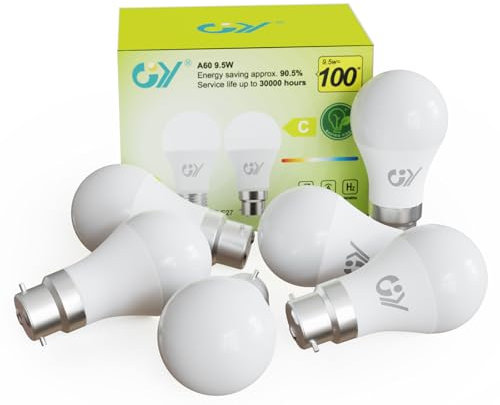 GY Ampoule LED B22 Classe C 9.5W (Équivalent 100W) ，1521 Lumens 6500K Blanc Froid ， A60 Ampoules Culot B22 Baïonnette LED, Économie d'Énergie,Angle 280°, Non-Dimmable，Lot de 6