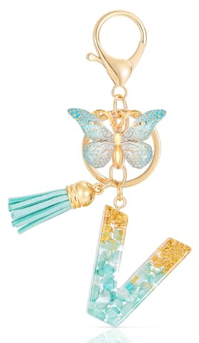 MWOOT Initiale Letter Keychains Porte Clé Lettre V,Alphabet Initial Keyring avec Papillon Pendentif,Vert Feuille D'or Key Ring pour Femmes Filles Portefeuilles Sac à Main Bagages Charme(V)