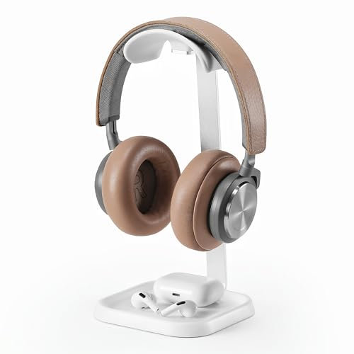 QinCoon Soporte Auriculares, Soporte Curvo para Auriculares con Bandeja de Almacenamiento, Stand Headset para Juegos para AirPods MAX, Beats, Bose, Sennheiser, Sony y más (Blanco)