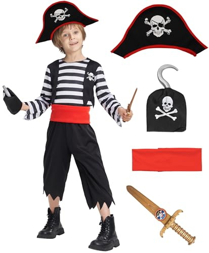 IKALI Kids Pirate Costume, 6 Pcs Boys Caribbean Captain Dress Up Costumes Fancy Striped Outfit for Children Halloween 4-6 Years