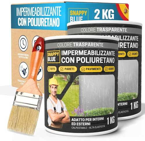 [2kg + Brocha] Impermeabilizante Transparente con Poliuretano, Sellador Impermeable Fugas Agua, Revestimiento Impermeable Definitivo, Hidrofugante Invisible para Techos, Terrazas y Exteriores