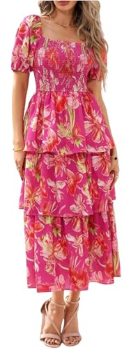 Vestidos Largos Mujer Verano Casual Playeros Bohemio Vestidos Elegante De Flores Algodon Cuello Redondo Ropa Manga Corta Elegantes Sueltos Summer Dresses for Women Ofertas De Amazon Rosa S