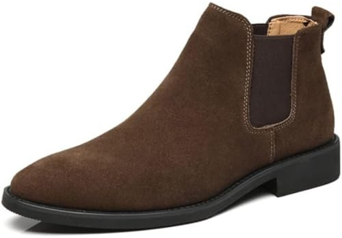 Bottines Chelsea pour hommes, Bottine en cuir suédé élastique à enfiler avec doublure en peluche, confortables et chaudes en cuir de vachette, Marron, 45 EU