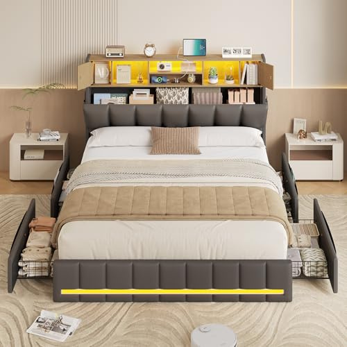 KIMENICH Bett 160x200 cm, Doppelbettgestell, Bett mit LED-Beleuchtung, Polsterbett, 4 Schubladen, Ladestation, Metallrahmen & Holzkopfteil mit Stauraum, für Schlafzimmer, Gästezimmer, Grau