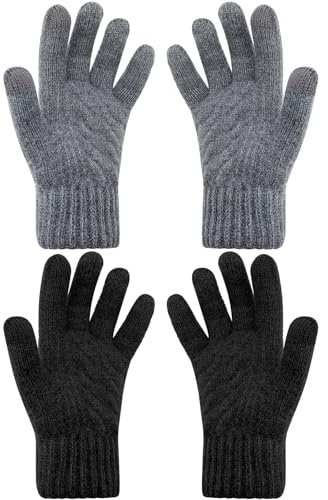 ViEinkaufen 2 Pairs Winter Warm Gloves, Knitted Gloves with Touchscreen | Soft Thermal Glove with Thick Fleece Lining for Cold Weather Outdoor Women Men