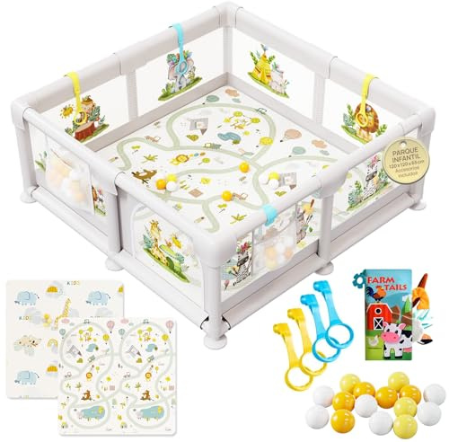 Parque Infantil Bebé 120x120cm con Malla Ilustrada y Esterilla Reversible – Corralito Acolchado Seguro, Libro Sensorial, Bolas y Agarraderas | AKERAQ