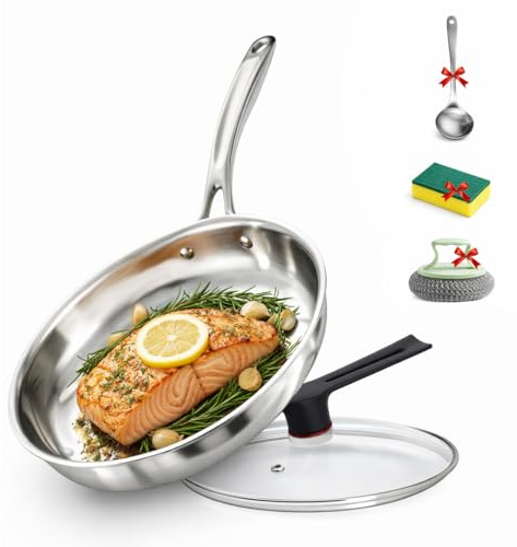 Chefswyn Tri-Ply Stainless Steel Frying Pan (28cm) with Glass Lid – Professional Induction Frying Pan for All Cooktops, Oven & Dishwasher Safe Stainless Steel Pan, Restaurant-Quality Cookware