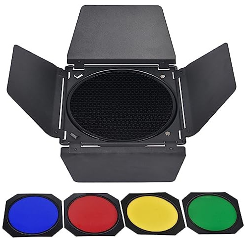 Geavonyg Grille en Nid d'abeille pour Porte De Grange avec Réflecteur Filtre en Gel 4 Couleurs pour Accessoires Réflecteur Standard 7 Pouces Éclairage Façonnant Les Couleurs