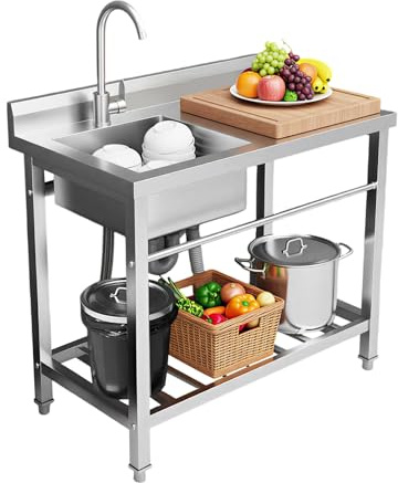 55 x 80 cm freestanding in acciaio inox, lavello commerciale, 1 bacino destro, lavabo per esterni, cucina, ristorante bar