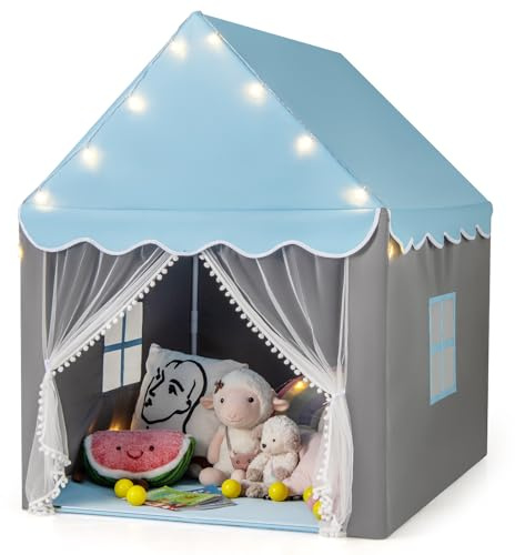 COSTWAY Carpa para Niños con Colchoneta Lavable, Luces con Forma de Estrella, Ventanas, Cremalleras Inferiores, Carpa Castillo de Hadas para Interior y Exterior para Niños y Niñas