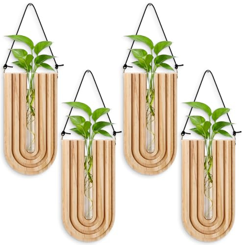 BrightRow Set of 4 Wooden Wall Planter Vase Hanging Propagation Stations Glass Plant and Flower Vases Wall Plant Holder for Indoor Plants Art Boho Home Room Entryway Hallway Decoration