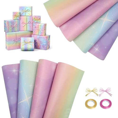 LOLANIUT - Juego de 8 piezas de papel de regalo con arcoíris y estrellas, para cumpleaños infantiles, papel de regalo degradado, incluye 2 rollos de cinta de regalo