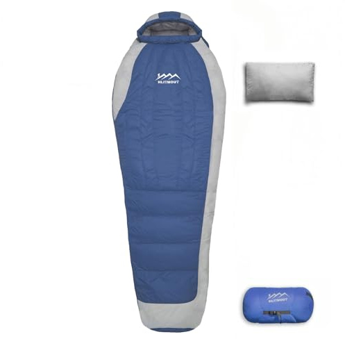 Sacco a Pelo a Forma di Mummia XL, Nylon 400T, Imbottitura in Piuma d'Anatra 680FP 500 g, 230x85 cm, da -5°C a 8°C, 1,2 kg (Blu, Imbottitura in piuma da 500 g)