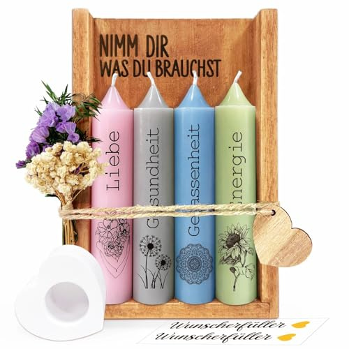 Kerzen Geschenkset Geburtstagsgeschenk für Frauen | Nimm dir was du brauchst | Geburtstagskerze mit Spruch Deko Kerzenhalter Set mit Holzbox Trockenblumen Geschenkidee für Freundin Schwester