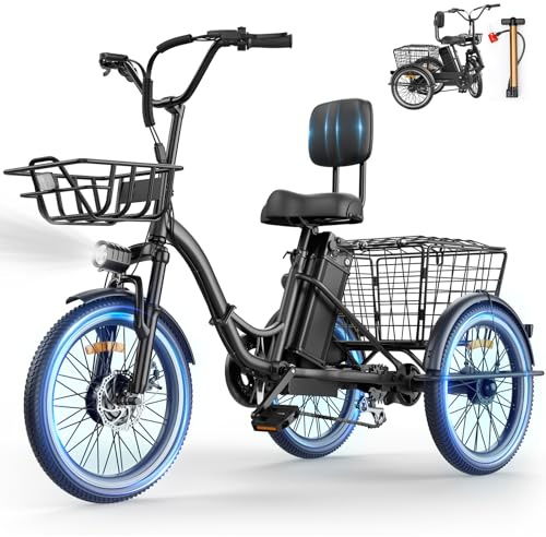 Electric Tricycle for Adults, Peak 1200W Electric Trike, Foldable Trike with 468/720/960Wh Removable Battery, Step-Thru 3 Wheel Electric Bikes for Seniors Women Men (50Miles Black, 20'' Tires)