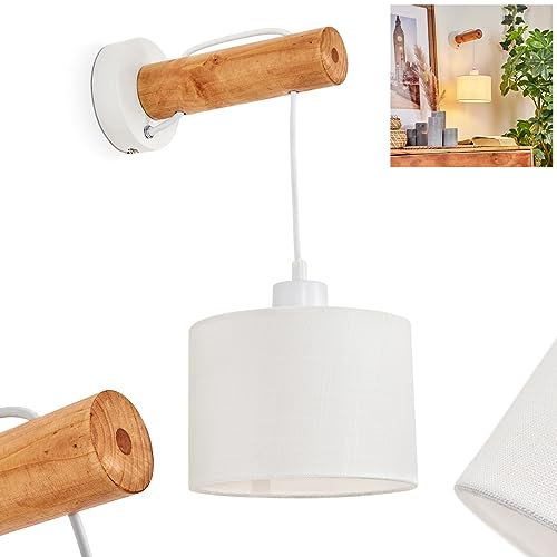 Lampada da parete Geelong, lampada in metallo/legno/tessuto in bianco/natura, 1 luce, E27, spot da parete moderno con paralume in tessuto e interruttore on/off sull'alloggiamento, senza lampadina/e