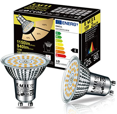 EACLL Lampadine LED GU10 Bianco Caldo 10W Equivalenti a 125W Alogena, Pacco da 2. No Flicker 120 ° Faretti, AC 230V Spot 3000K 940 Lumen, 3 livelli Dimmerabile, 3 Luminosità con Funzione di Memoria